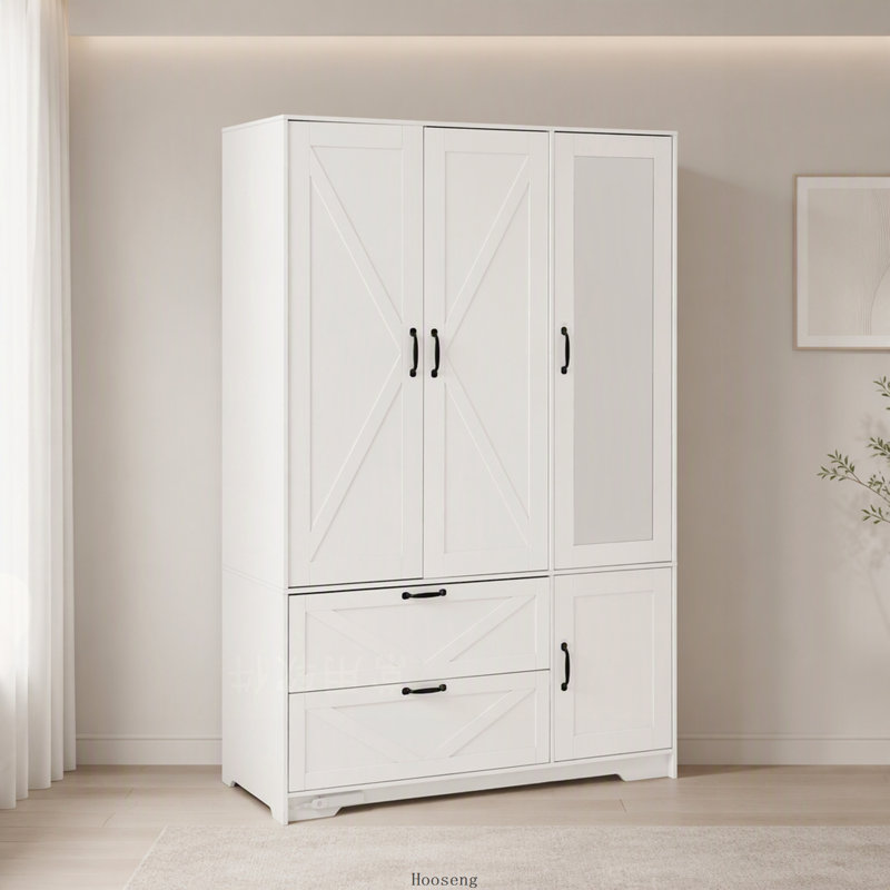 Garde-robe blanche à 4 portes avec miroir, lumière DEL, 2 tiroirs, tringle et tablettes réglables blanches