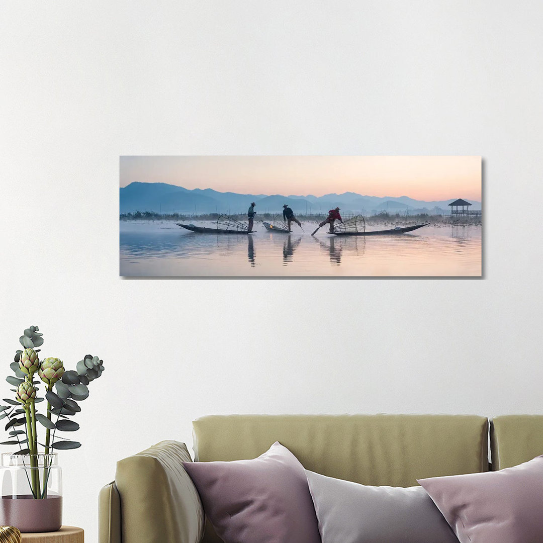 Traditional Intha Fishermen, Inle Lake, Myanmar by Jan Becke - Wrapped Canvas Panoramic Print