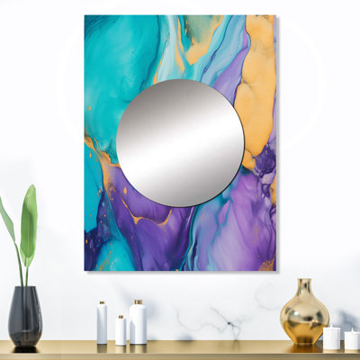 Lusio turquoise et mauve liquide Art I - miroir mural fractal, miroir décoratif moderne, impression d'art en métal
