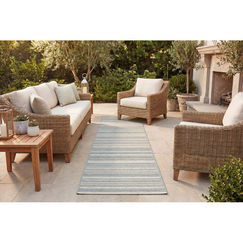 Tapis intérieur / extérieur bleu / beige / gris Kopp, Tapis de couloir : 2 pi 2 po x 7 pi 7 po