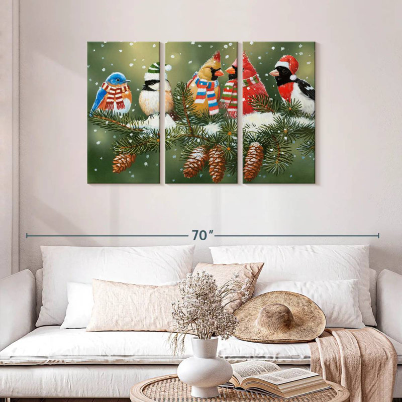 Oiseaux festifs sur une branche enneigée, H 20 po x l 33 po