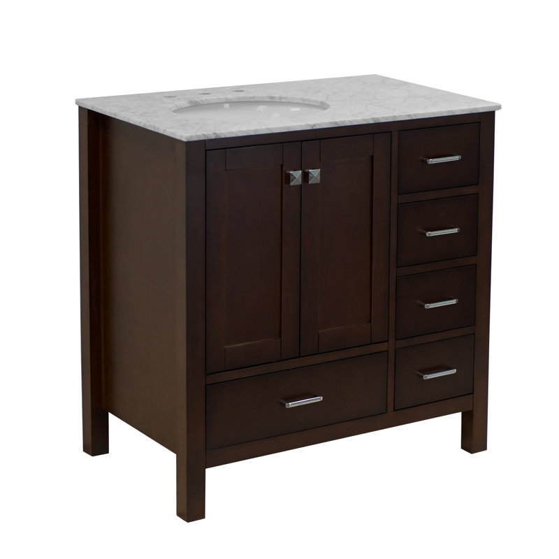 Ensemble de meuble-lavabo simple 36 po Claudett, Chocolat, Marbre de Carrare