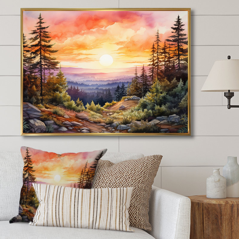 Pin, horizon rose sur toile, Cadre flottant doré, H 24 po x l 32 po