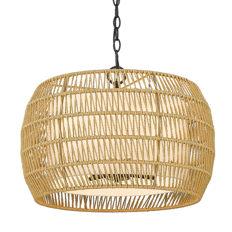 Chapple 4 - Light Steel Dimmable Drum Chandelier, Natural Rattan
