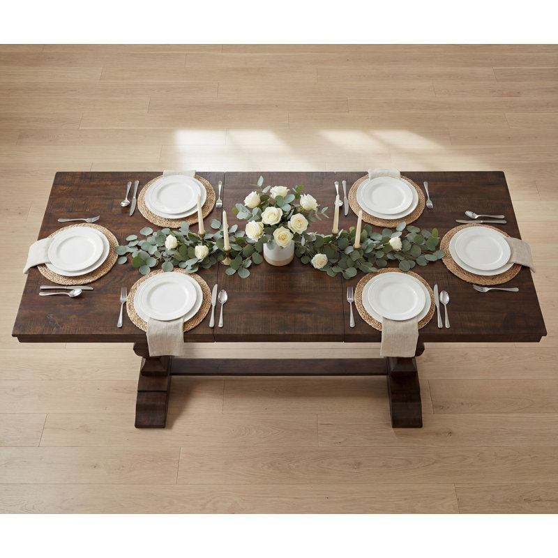 74.8-Inch Long Vintage Farmhouse Dining Table For 6-8 People, 6.23 Ft Rustic Kitchen Table With Sturdy Wooden Frame, Features Weathered Walnut Textured Tabletop, T-Shaped Carved Solid Wood Double  Pedestal Legs, Non-Extendable, Dark Brown