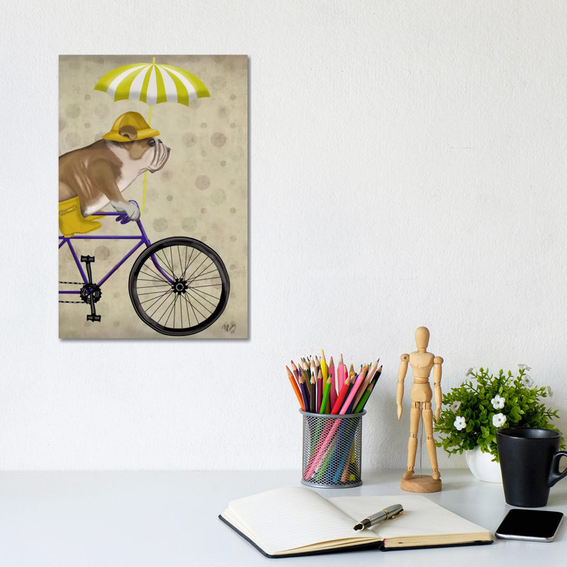 English Bulldog On Bicycle by Fab Funky - Wrapped Canvas Print, 20.32 cm H x 30.48 cm W