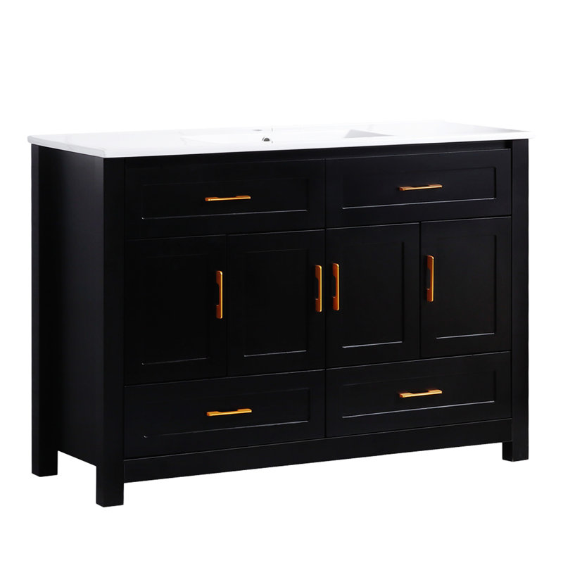 Meuble-lavabo 48 po avec lavabo en céramique et tiroir, porte, armoire de rangement, Noir, noir, noir, noir