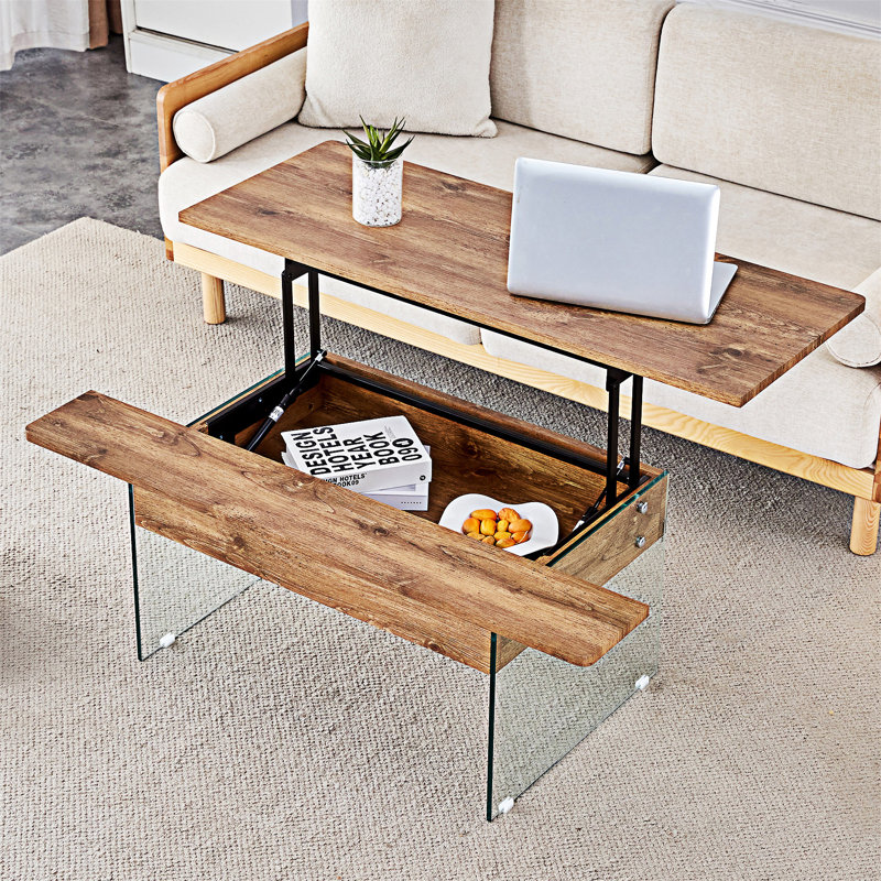 Table basse à plateau relevable avec rangement, Bois naturel