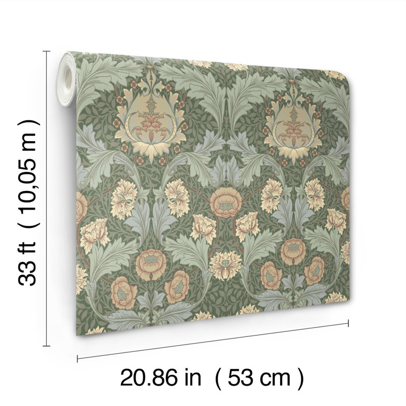 Papier peint floral Myrtle Ogee, Vert / Gris
