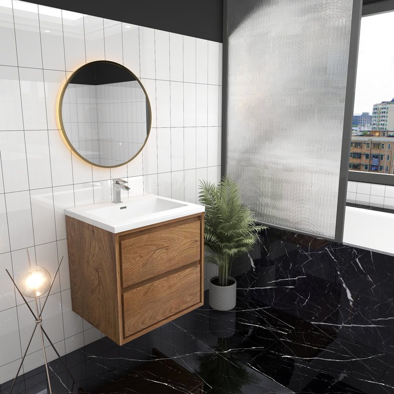 Meuble-lavabo mural 24 po Jack en chêne teck avec lavabo en acrylique renforcé Jack, Chêne et teck