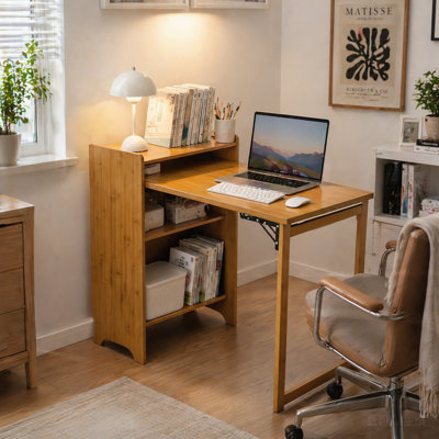 Bamboo Folding Desk, Foldable Desk For Small Space, Computer Desk With Hidden Storage, Mid Century Foldable Table For Home Office And Bedroom (Brown)