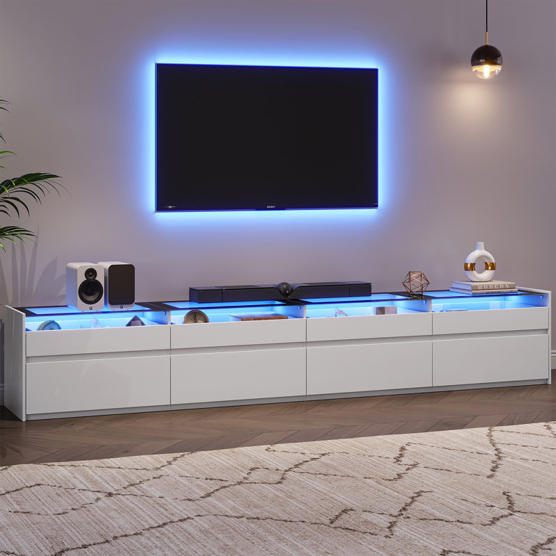 Meuble télé moderne de 240 cm (94,5 po) avec éclairage DEL, centre multimédia avec 8 tiroirs pour téléviseur jusqu'à 254 cm (100 po)