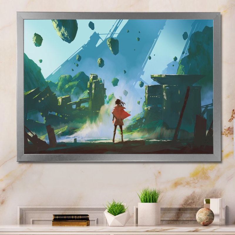 «Video Game Man Red Robe Look Ruins», peinture sur toile, H 12 po x l 20 po x P 1 po, Cadre de coin argenté fermé