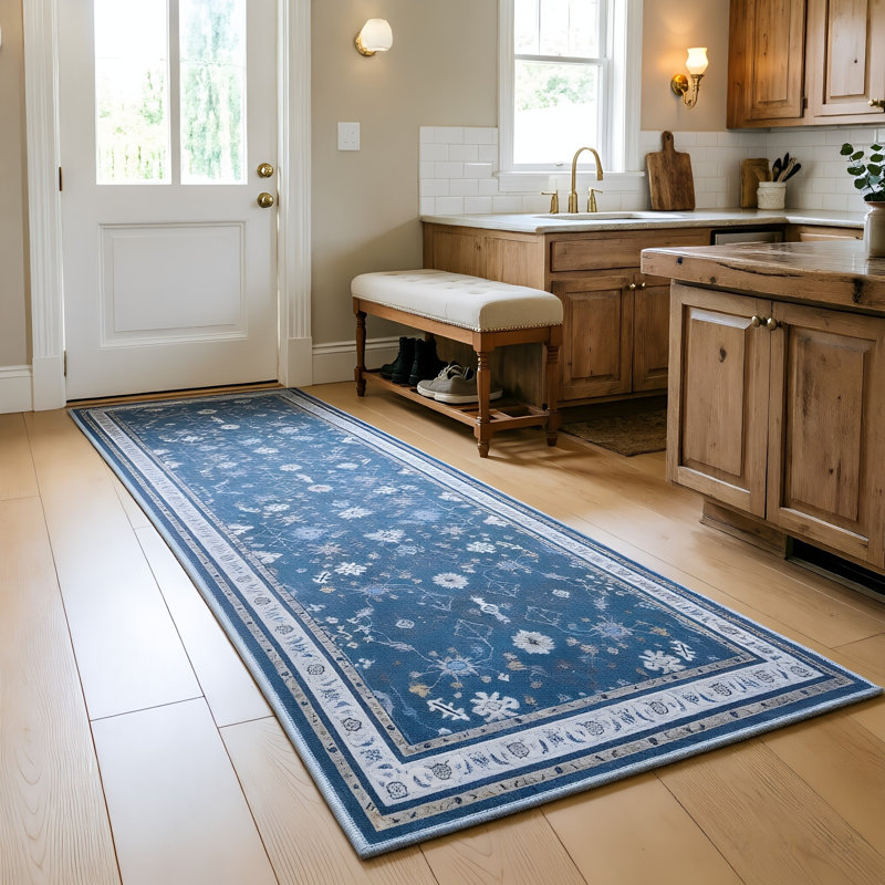 Non-Slip Washable Farmhouse Kitchen Rug Set of 2, Rubber Bottom, Navy