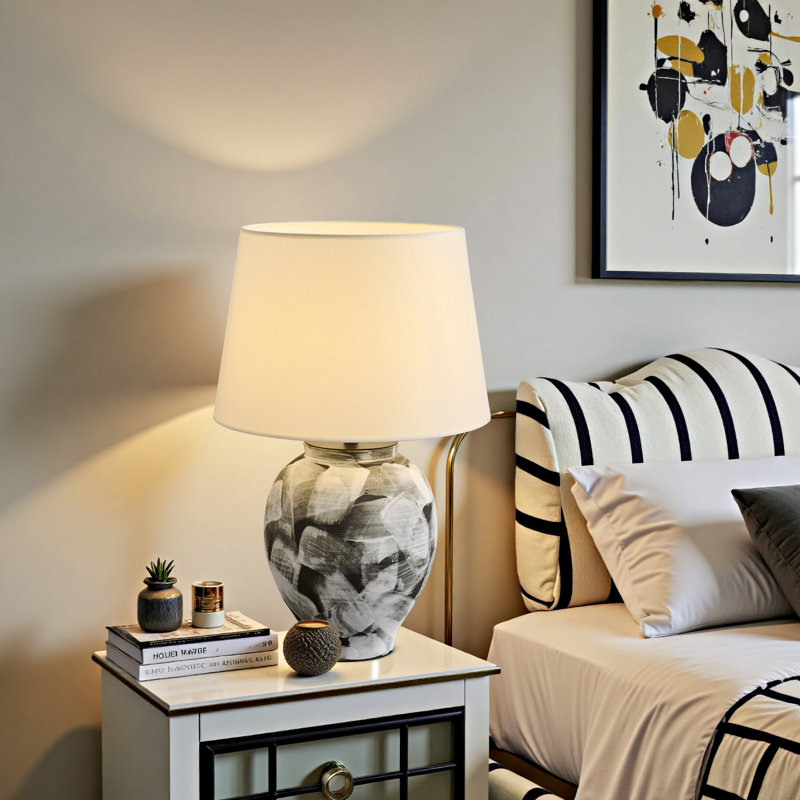 14.96 Inch Modern Black And White Ceramic Table Lamp, 1-Light Plug-In Design