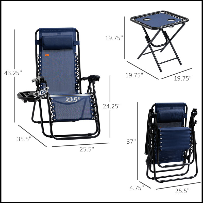 Ensemble de chaise à gravité zéro Outsunny avec table d'appoint, chaise pliante inclinable avec porte-gobelets et coussins