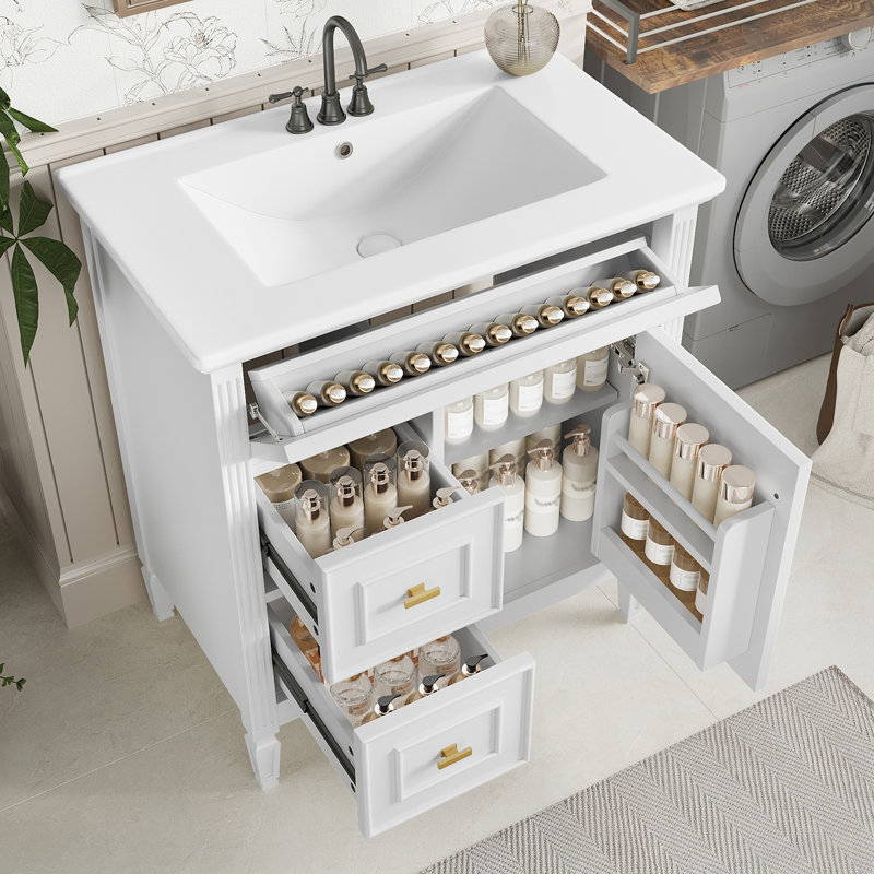 Bathroom Vanity With Sink, One Flip Drawer, Two Drawers And Adjustable Shelf, White