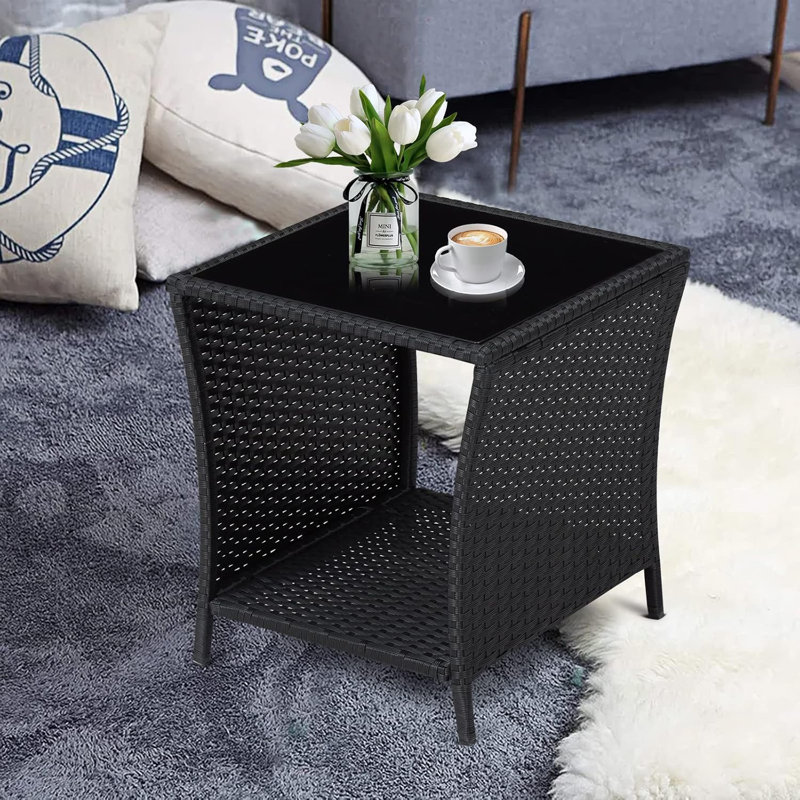 Tables d'appoint d'extérieur en rotin d'osier, table de bout pour patio avec rangement en rotin, Marron foncé