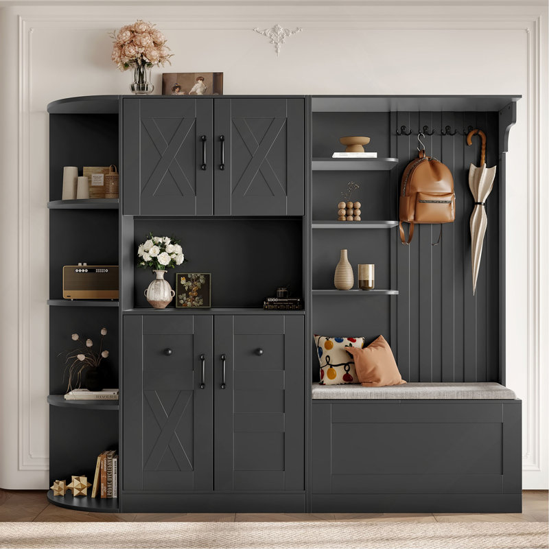 Multifunctional Left-Right Combination Hall Cabinet (Can Be Used Separately) With Storage And 4 Hooks, Storage Cabinet/ Hall Tree 2 In 1 For Living Room, Kitchen And Hallway