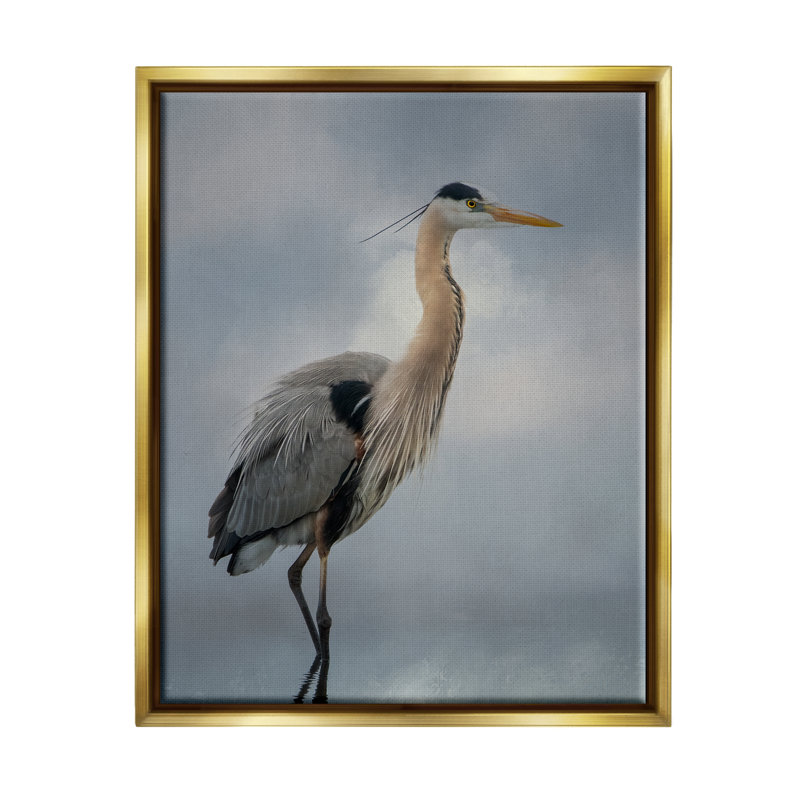 Aigrette perchée, reflet de l'eau - photographie, H 21 po x l 17 po x P 1,7 po, Cadre flottant métallique doré