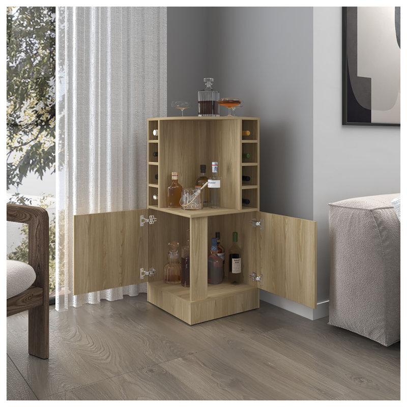 Armoire de bar avec rangement pour bouteilles de vin et rangement ouvert Toyei, finition bois naturel