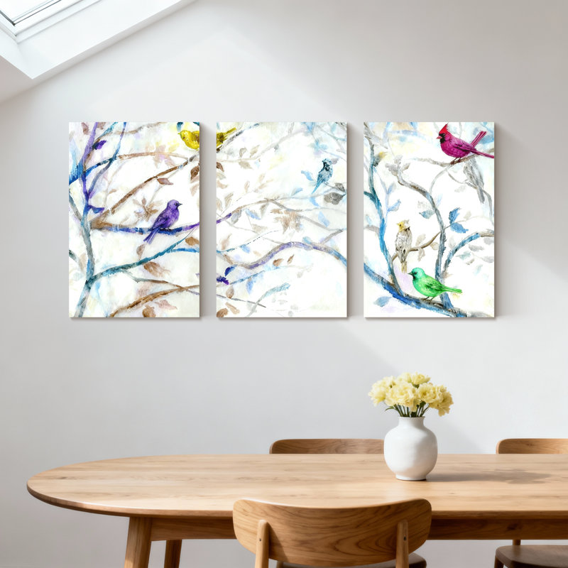 «Birds Colorful Birds On Branches», ensemble de 3 impressions sur toile, H 24 po x l 48 po