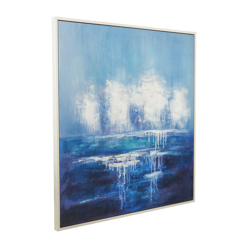 Bord de mer, toile abstraite 48 x 48, bleu et blanc, carré