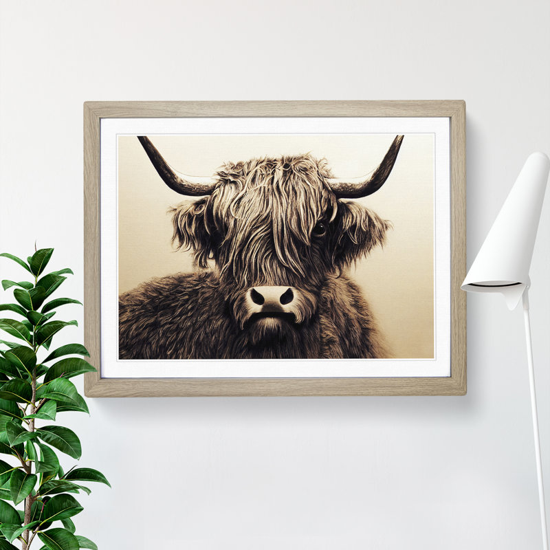 Highland Cow View Vol.3 - Single Picture Frame Print, 46cm H x 64cm W x 2cm D, Oak