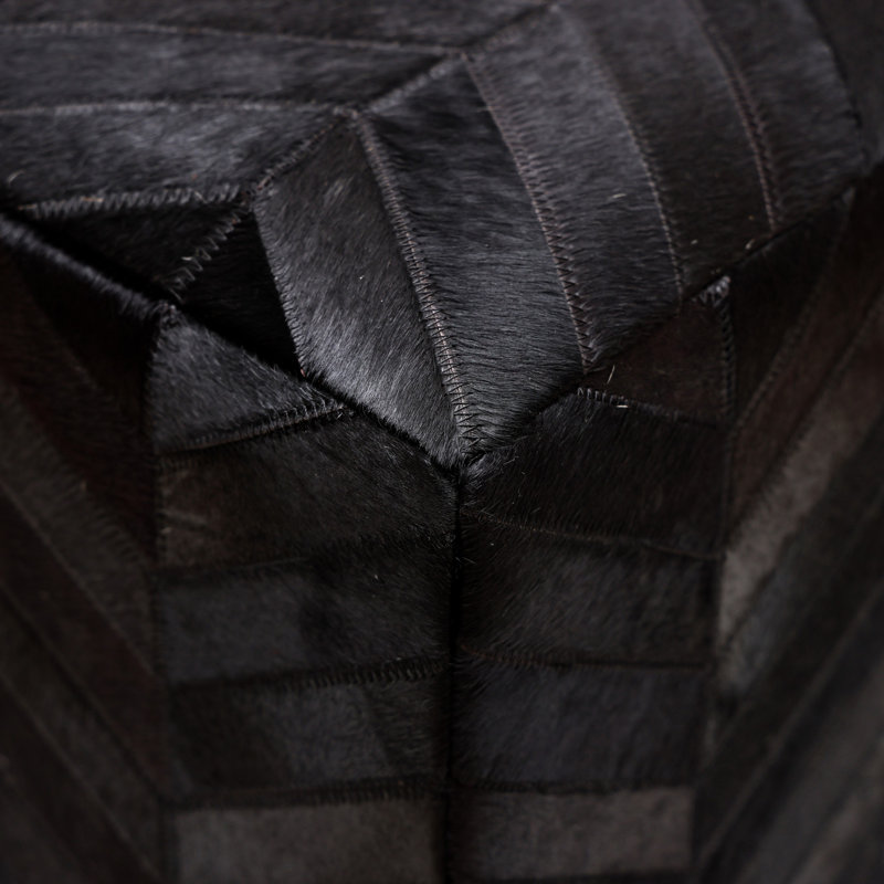 Handmade Black Cowhide Leather Ottoman Pouf 18X18 Chevron Patchwork