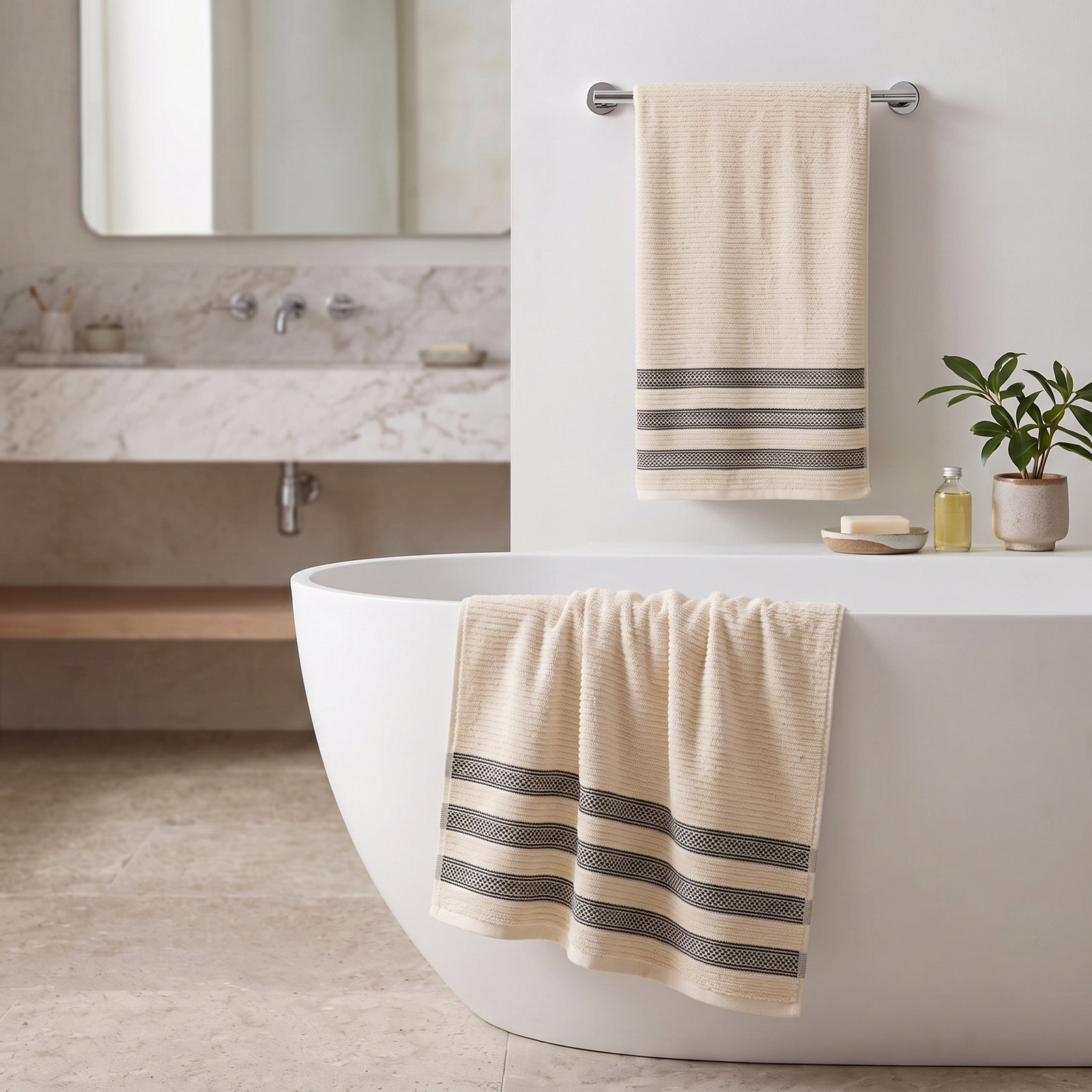 3-Piece Geometric Zero-Twist Cotton Towel Set, Ivory