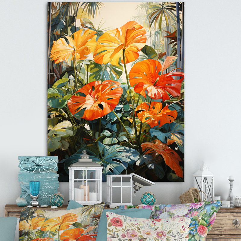 Feuillage tropical orange et vert IV, Toile tendue, H 32 po x l 24 po x P 1 po