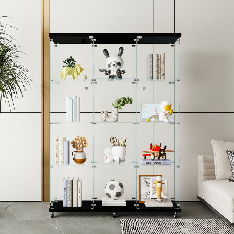 Vitrine en verre avec 4 tablettes très grandes, vitrines pour le salon, Noir
