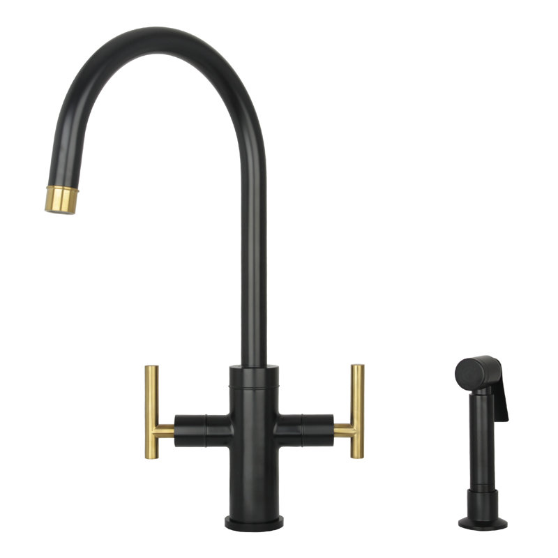 Double Handle Kitchen Faucet With Side Spray, Matte Black and Brushed Gold
