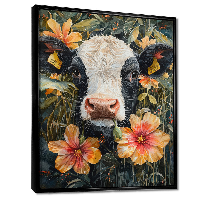 Peinture sur toile de vache Kenniya - Hibiscus, Noir, Impression encadrée flottante, H 32 po x l 16 po