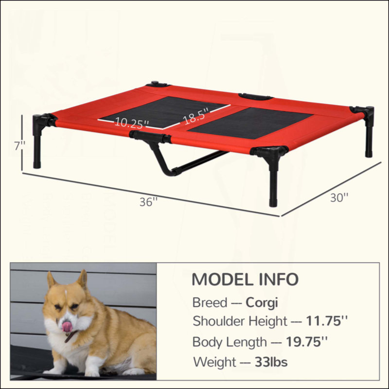 Lit pour chien surélevé avec ventilation en filet, 7" H x 36" W x 30" D, Rouge