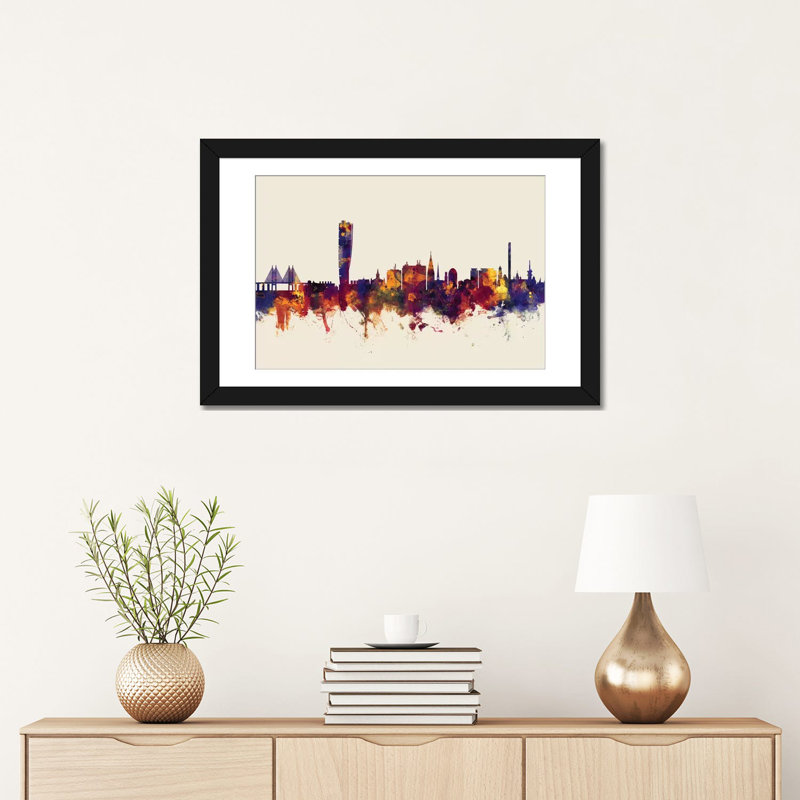 Skyline Series: Malmo, Suède, impression sur toile tendue beige, H 16 po x l 24 po x P 1 po, Papier d'art encadré noir, Blanc