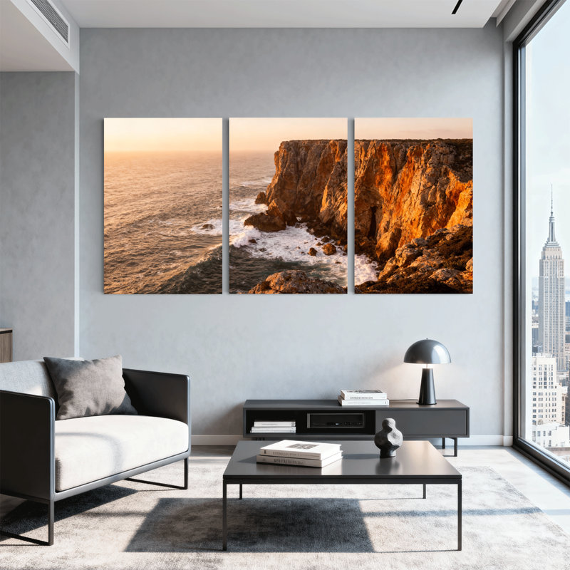 Scénario et paysages urbains coucher de soleil, océan, falaises, vagues, roches, réflexion, ciel clair, ensemble de 3 impressions sur toile
