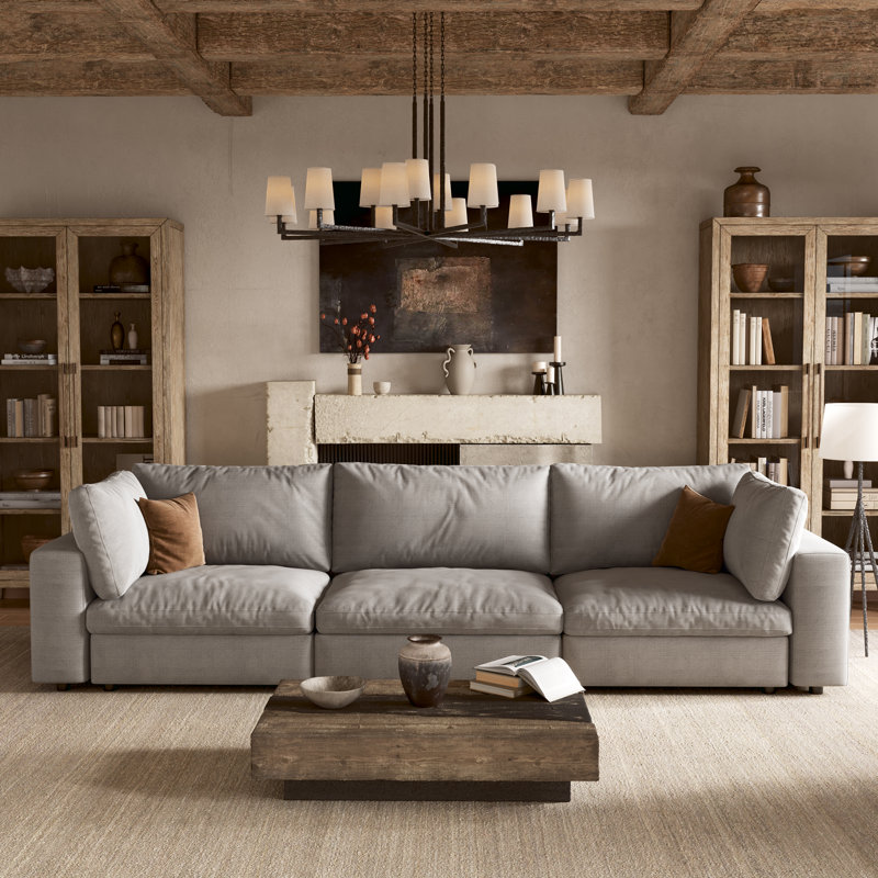Canapé modulaire rembourré 3 pièces avec rangement 110,5 po, Lin gris clair, H 37,6 po x l 110,5 po x P 34,5 po