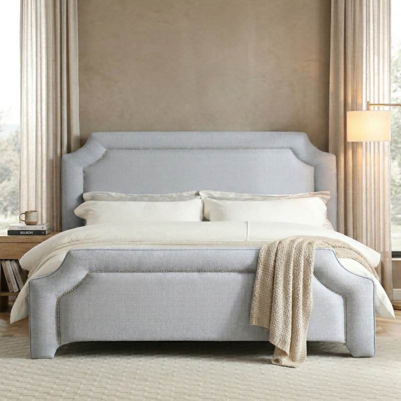 Elegant Upholstered Bed Frame With Nailhead Trim., Texture Blue, Queen