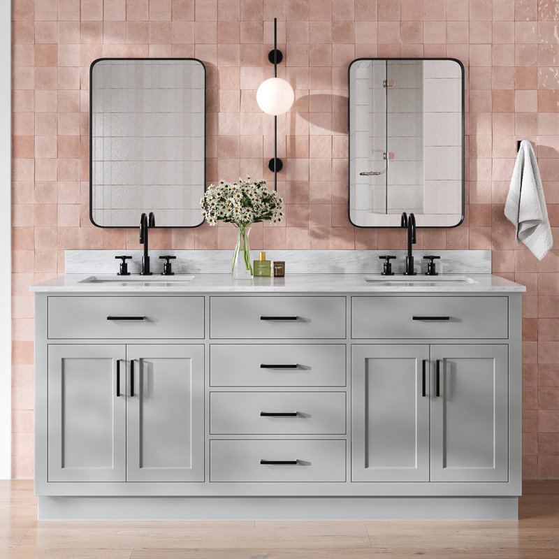 Jameal 72'' Solid Wood Double Bathroom Vanity with 0.75'' Carrara Marble Top, Gray, Rectangular