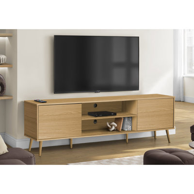 Console média moderne de 72 pouces, meuble télé avec stratifié naturel, pieds en bois, rangement pour espaces de vie, support à 2 portes à loquet, finition stratifiée, console de bureau, unités