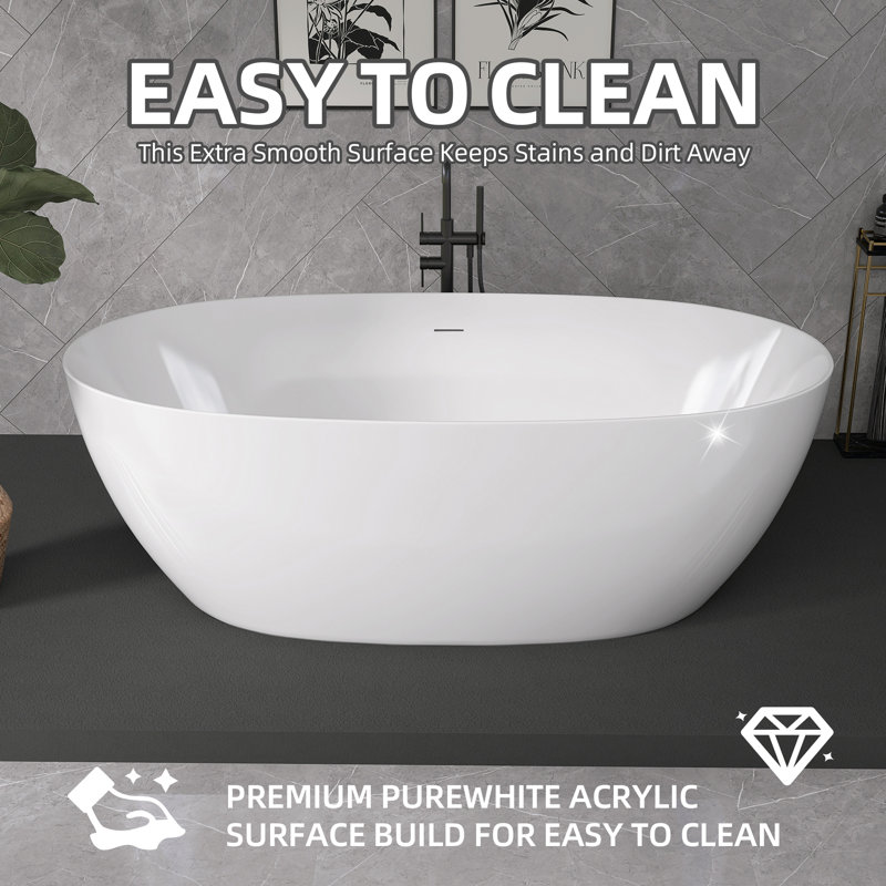 67 Inch Acrylic Freestanding Bathtub Modern Soaking Tub Overflow and Drain