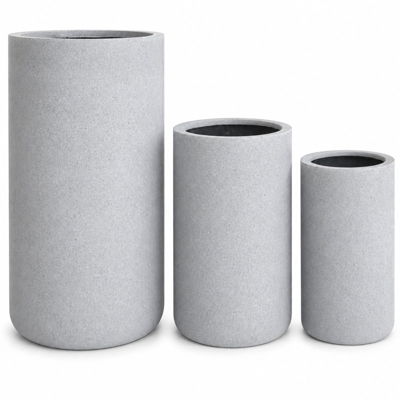 Ensemble de 3 grands pots de fleurs d'intérieur / extérieur en polystone, gris, Gris