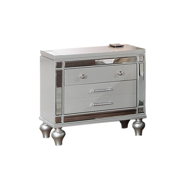 Silver Wooden 1-Drawer Nightstand With Mirrored Glass Panel And Luxury Finish For Bedroom Furniture