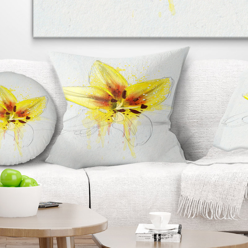 Merveilleux croquis de fleur de lys jaune - coussin imprimé floral, 16 po x 1 po, Carré