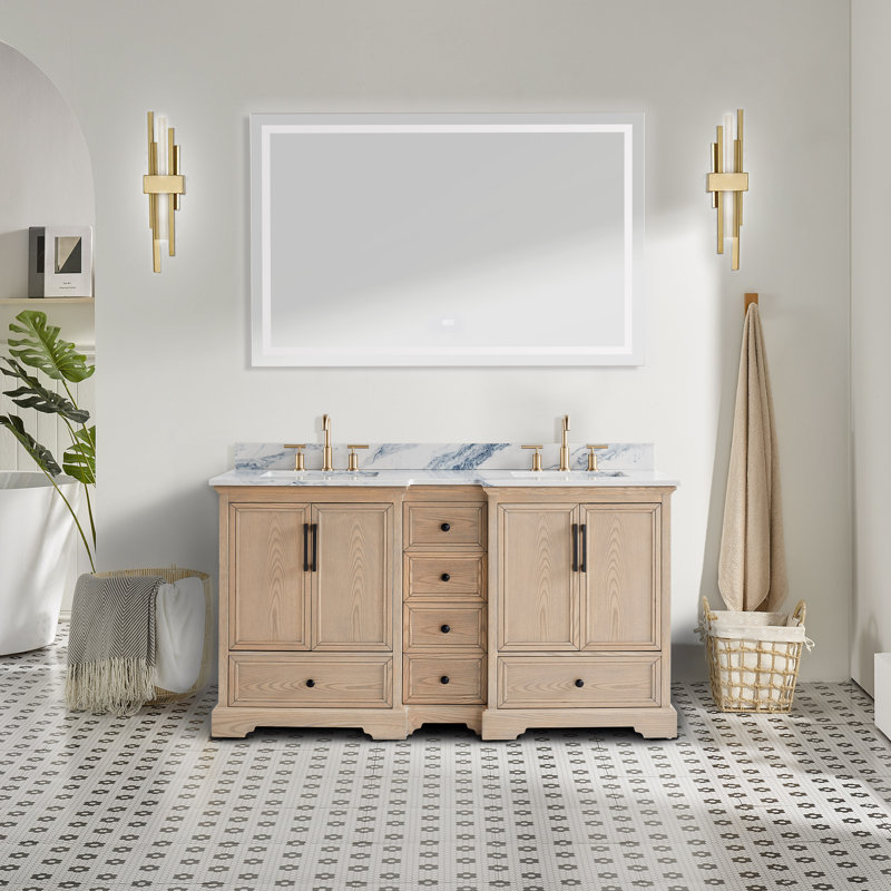 Salle de bain autoportante à double cuve 60 "entièrement assemblée avec plateau en marbre