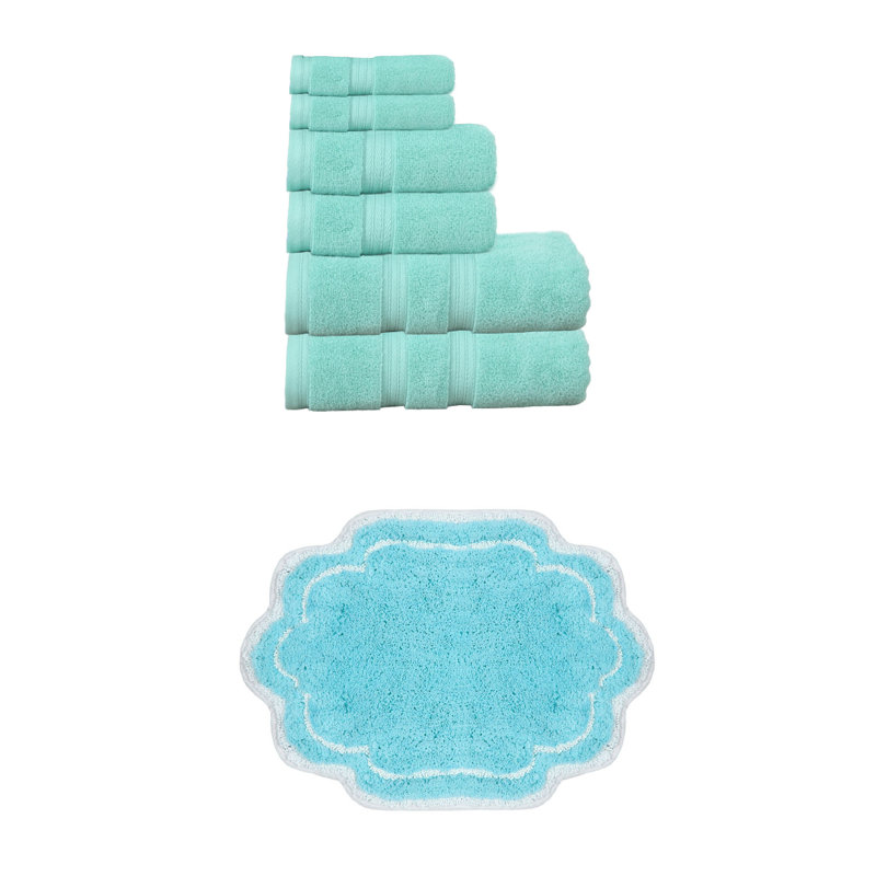 Talbert Collection 100% Soft Cotton Bath Towel Set & 17x24" Bath Rug, 7 Piece Towel Set, Turquoise