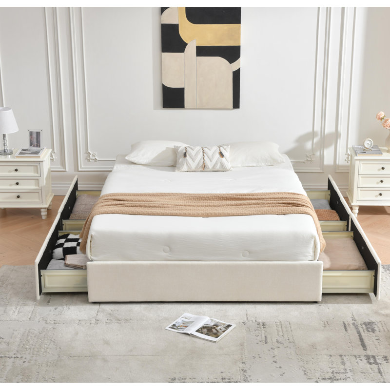 Lit plateforme avec rangement à 4 tiroirs Schernik, Crème, Grand lit