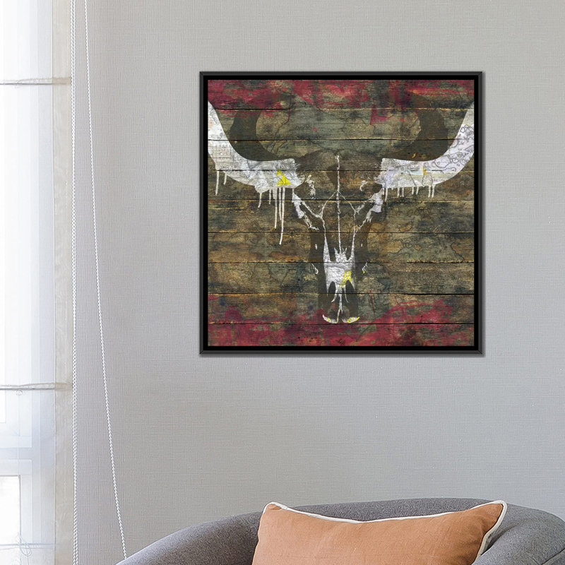 « two sides (cow crâne) », impression sur toile, H 18 po x l 18 po x P 1,5 po, Toile avec cadre noir, Pas de tapis