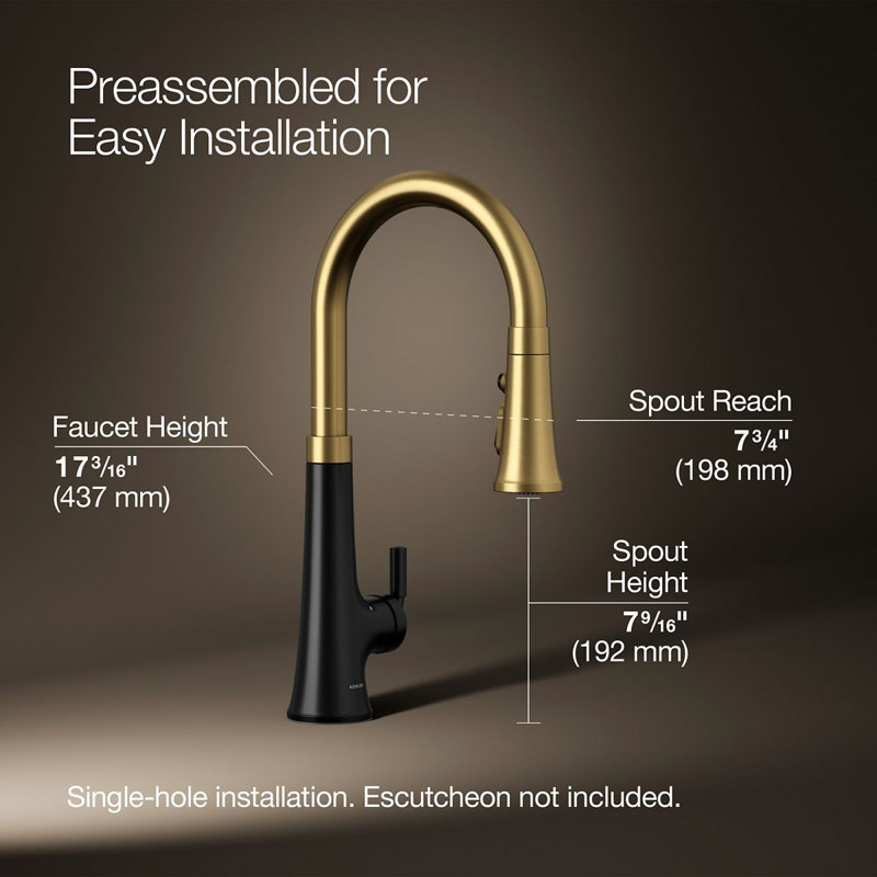 Tone Touchless Pull-Down Kitchen Sink Faucet with Three-Function Sprayhead, Matte Black/Moderne Brass